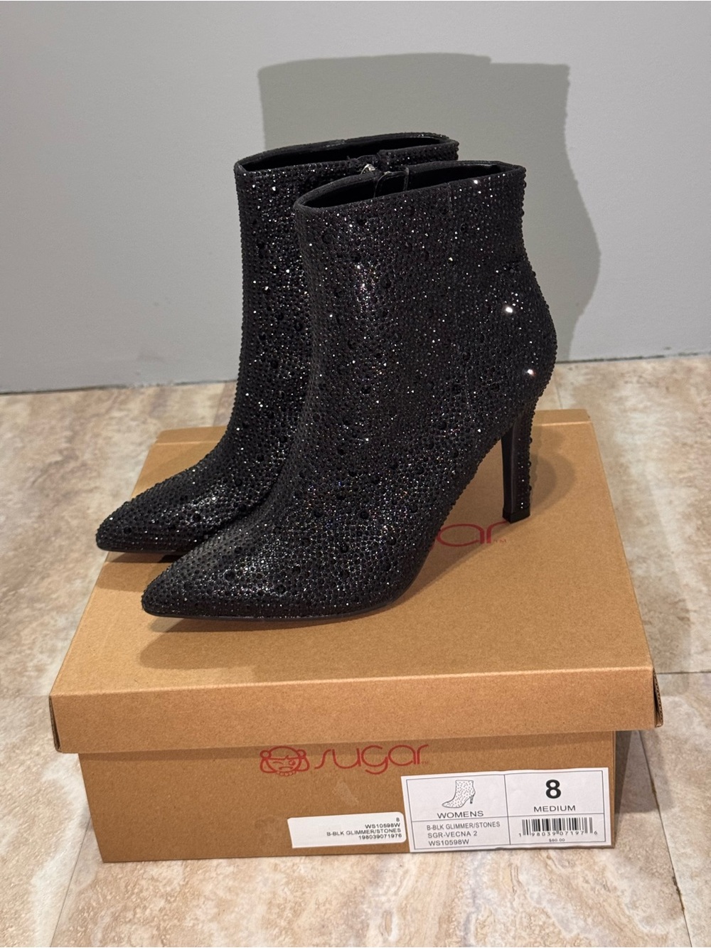 Sugar Black Crystal-Embellished Pointed Toe Ankle Booties